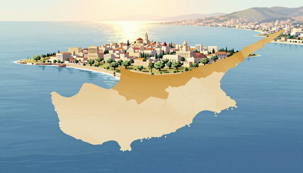 A detailed illustration of the divided island of Cyprus, capturing its historical context and modern status. In the foreground, a shaded map of Cyprus, showing the division between the Republic of Cyprus and the Turkish Republic of Northern Cyprus, with distinct colors highlighting each region. In the middle ground, a serene landscape featuring iconic landmarks such as the ancient city of Paphos and the divided city of Nicosia, dotted with olive trees and stone walls. The background showcases a beautiful coastal view of the Mediterranean Sea, with gentle waves reflecting soft sunlight, creating a warm and hopeful atmosphere. The angle is slightly elevated, providing a comprehensive view of the island's unique geography and complex history, while maintaining a calm, educational mood. A detailed illustration of the divided island of Cyprus, capturing its historical context and modern status. In the foreground, a shaded map of Cyprus, showing the division between the Republic of Cyprus and the Turkish Republic of Northern Cyprus, with distinct colors highlighting each region. In the middle ground, a serene landscape featuring iconic landmarks such as the ancient city of Paphos and the divided city of Nicosia, dotted with olive trees and stone walls. The background showcases a beautiful coastal view of the Mediterranean Sea, with gentle waves reflecting soft sunlight, creating a warm and hopeful atmosphere. The angle is slightly elevated, providing a comprehensive view of the island's unique geography and complex history, while maintaining a calm, educational mood.