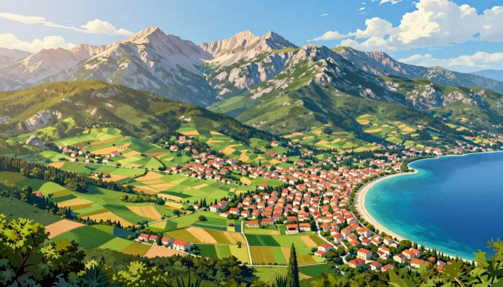A detailed illustration showcasing the geographical regions of Croatia, featuring a diverse landscape transitioning from flat lowlands in the foreground to the majestic Dinaric Alps in the background. The scene should capture lush green valleys, vibrant coastal areas along the Adriatic Sea, and mountainous terrains with rugged peaks. The middle layer can include picturesque towns with traditional architecture, highlighting Croatia’s rich cultural heritage. The lighting should be warm and inviting, suggesting a sunny day, with a clear blue sky and scattered white clouds. The angle should be slightly elevated to provide a panoramic view, creating a tranquil and informative atmosphere that reflects the beauty and diversity of Croatia's geography. No text or annotations should be present in the image.