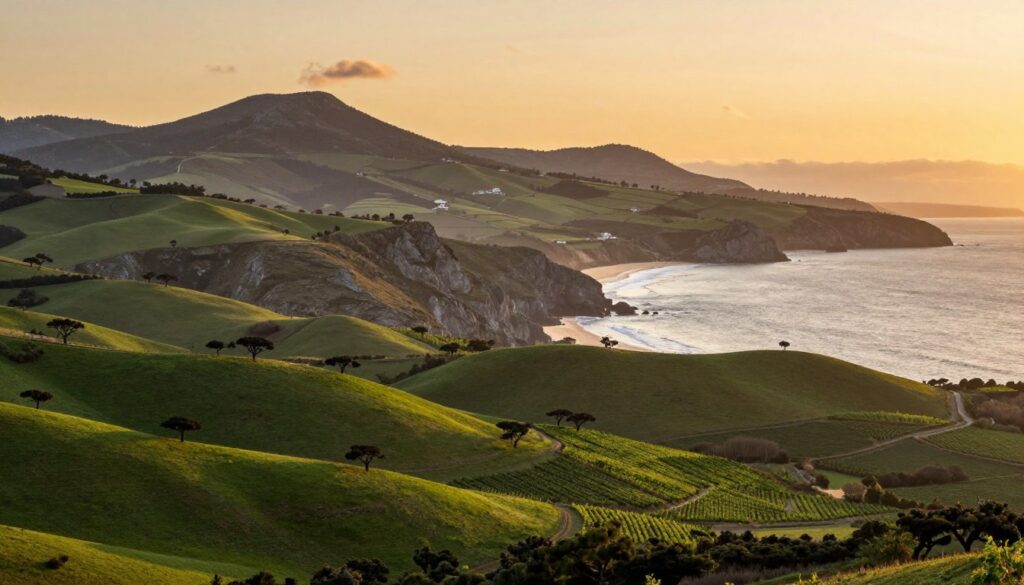 A detailed landscape showcasing the diverse terrain of Portugal from north to south. Foreground features rolling green hills dotted with cork trees and vineyards, representing the northern regions. In the middle ground, dramatic cliffs and rocky coastlines illustrate the rugged beauty of the Algarve, transitioning into serene sandy beaches. The background captures the rolling mountains of the Serra da Estrela and the Douro Valley, with a sunset casting warm golden hues across the sky, enhancing the texture of the landscape. The atmosphere is tranquil yet vibrant, inviting viewers to appreciate Portugal's natural diversity. Utilize a wide-angle lens for an expansive view, with soft diffused lighting to create depth and warmth. No text or overlays are included. A detailed landscape showcasing the diverse terrain of Portugal from north to south. Foreground features rolling green hills dotted with cork trees and vineyards, representing the northern regions. In the middle ground, dramatic cliffs and rocky coastlines illustrate the rugged beauty of the Algarve, transitioning into serene sandy beaches. The background captures the rolling mountains of the Serra da Estrela and the Douro Valley, with a sunset casting warm golden hues across the sky, enhancing the texture of the landscape. The atmosphere is tranquil yet vibrant, inviting viewers to appreciate Portugal's natural diversity. Utilize a wide-angle lens for an expansive view, with soft diffused lighting to create depth and warmth. No text or overlays are included.