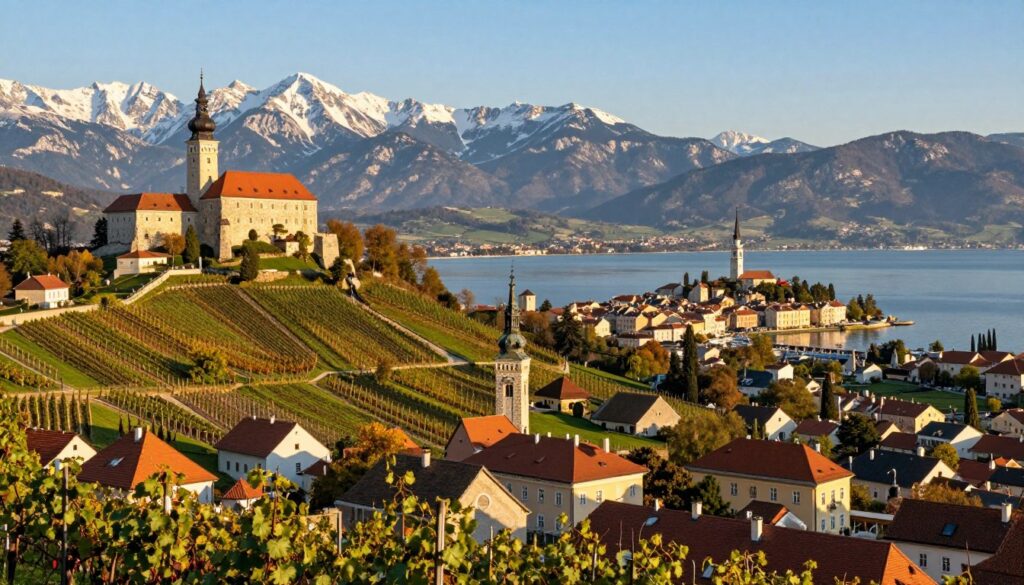 A detailed landscape showcasing the important cities and regions of Slovenia, featuring Ljubljana's charming architecture in the foreground with the Ljubljana Castle on a hill. In the middle ground, display the picturesque vineyards of the wine region of Goriška Brda, alongside the historic coastal town of Piran by the Adriatic Sea. In the background, include the majestic Julian Alps, their peaks dusted with snow under a clear blue sky. Soft, golden sunlight bathes the scene, creating a warm and inviting atmosphere. Capture this view from a slightly elevated angle to provide depth, highlighting the lush green valleys and the tranquil waters of the Adriatic, evoking a sense of exploration and appreciation for Slovenia's diverse beauty.