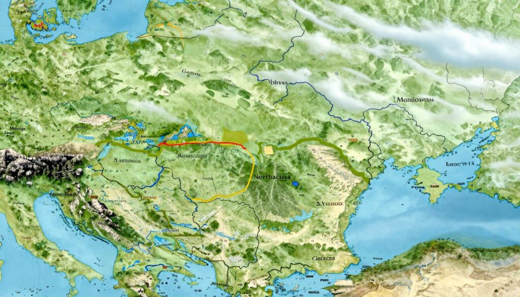 A detailed map of Albania and its neighboring countries in the Balkans, showcasing a vivid landscape. In the foreground, depict clear demarcations of the borders with Montenegro to the northwest, Kosovo to the northeast, North Macedonia to the east, and Greece to the south. The middle ground features natural scenery, including mountains and rivers, reflecting the geographical diversity of the region. In the background, a soft blue sky with wispy clouds enhances the peaceful atmosphere. The image should capture the essence of the Balkan region, emphasizing the rich cultural and natural heritage. Use natural lighting to create a harmonious effect that invites exploration. Include no text, borders, or overlays.