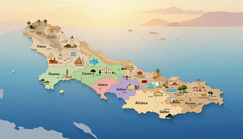 A detailed map of Mallorca, showcasing its most important regions, with distinct colors highlighting each area. In the foreground, clearly labelled regions such as Palma, Alcúdia, and Sóller are illustrated with vibrant landmarks and geographical features. The middle layer features a soft gradient representing the Mediterranean Sea surrounding the island, with various shades of blue. The background includes subtle silhouettes of the surrounding Balearic islands on the horizon, bathed in warm, golden sunset light for a tranquil atmosphere. The image should be clear, well-defined, and professionally composed, using a wide-angle lens perspective to capture the entirety of the island's geographical layout. The overall mood is informative and inviting, perfect for viewers seeking an overview of Mallorca's regions.