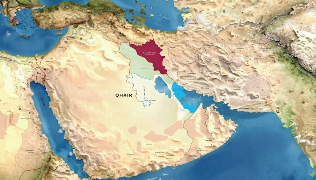 A detailed map of Qatar showcasing its borders and neighboring countries, with a focus on the Arabian Peninsula region. In the foreground, clearly defined and labeled outlines of Qatar's borders, with vibrant colors contrasting the surrounding deserts. The middle ground features smooth transitions into the neighboring countries: Saudi Arabia to the south, the Persian Gulf to the east, and the United Arab Emirates further along the coastline. The background should depict a clear blue sky with subtle clouds, conveying a warm and inviting atmosphere. Use natural lighting to highlight the landforms and borders, capturing an overhead perspective that emphasizes the geographical context. The image should be crisp, detailed, and devoid of any text or watermarks.