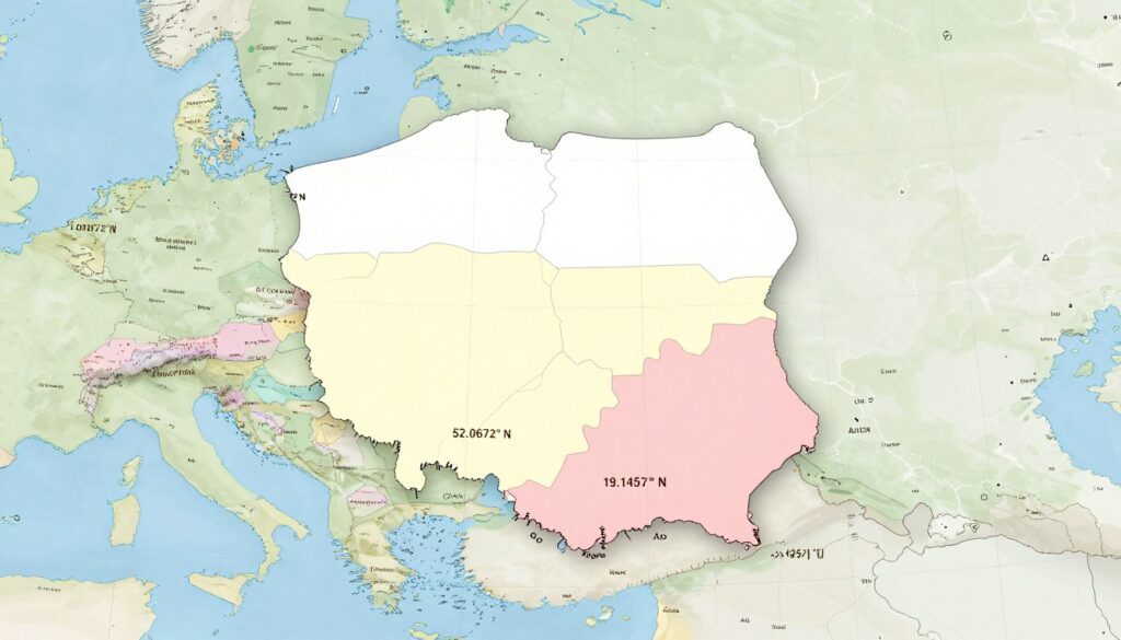 A detailed map representation of Poland, highlighting its geographical coordinates with a focus on latitude and longitude lines. The foreground features marked longitude and latitude lines, prominently displaying Poland's coordinates: approximately 52.0672° N latitude and 19.1451° E longitude. The middle ground shows a stylized outline of Poland, surrounded by neighboring countries in soft pastel colors for clarity. The background includes a subtle European map landscape, emphasizing Poland's location in relation to its European neighbors. The lighting is bright and clear, giving an educational and informative atmosphere. The overall mood is professional and inviting, perfect for illustrating geographical information in a scholarly context. The image should be free of any text or annotations. A detailed map representation of Poland, highlighting its geographical coordinates with a focus on latitude and longitude lines. The foreground features marked longitude and latitude lines, prominently displaying Poland's coordinates: approximately 52.0672° N latitude and 19.1451° E longitude. The middle ground shows a stylized outline of Poland, surrounded by neighboring countries in soft pastel colors for clarity. The background includes a subtle European map landscape, emphasizing Poland's location in relation to its European neighbors. The lighting is bright and clear, giving an educational and informative atmosphere. The overall mood is professional and inviting, perfect for illustrating geographical information in a scholarly context. The image should be free of any text or annotations.