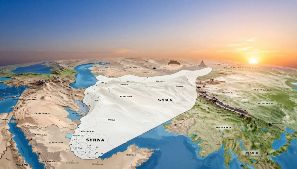 A detailed map showcasing the borders of Syria and its neighboring countries, including Turkey, Iraq, Jordan, and Israel. The foreground should feature clear demarcation lines outlining Syria's territory, with names of neighboring countries artistically incorporated. In the middle ground, highlight iconic geographical features such as rivers, mountains, and deserts characteristic of the region. The background presents a soft gradient sky transitioning from deep blue to warm orange, representing sunrise or sunset, adding a sense of tranquility. Utilize a wide-angle lens to capture an expansive view, ensuring a sharp focus on the map details while maintaining a slightly blurred background for depth. The overall atmosphere should evoke a sense of geographic significance, emphasizing unity and connection through the visual representation of borders.