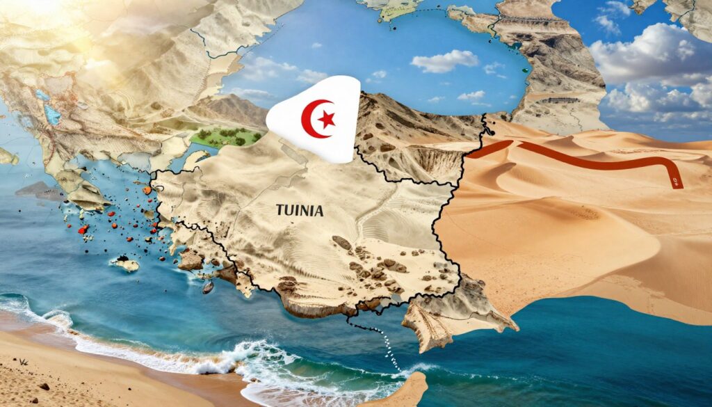 A detailed map showcasing the borders of Tunisia with Algeria and Libya, highlighting the geographic connections between these countries. In the foreground, a vibrant, stylized representation of the Tunisian coastline with gentle waves lapping on sandy beaches. The middle ground includes a carefully illustrated border demarcation, depicting the rugged terrain dividing Tunisia from Algeria's mountainous regions to the west and Libya's desert landscapes to the southeast. In the background, a clear blue sky with soft clouds, enhancing the overall atmosphere of tranquility and natural beauty. The sunlight casts warm rays on the landscape, creating a harmonious visual narrative that emphasizes the unique geography of Tunisia and its neighboring countries. The image should be rendered in high-definition with sharp details and vivid colors, capturing a sense of exploration and geographical significance.