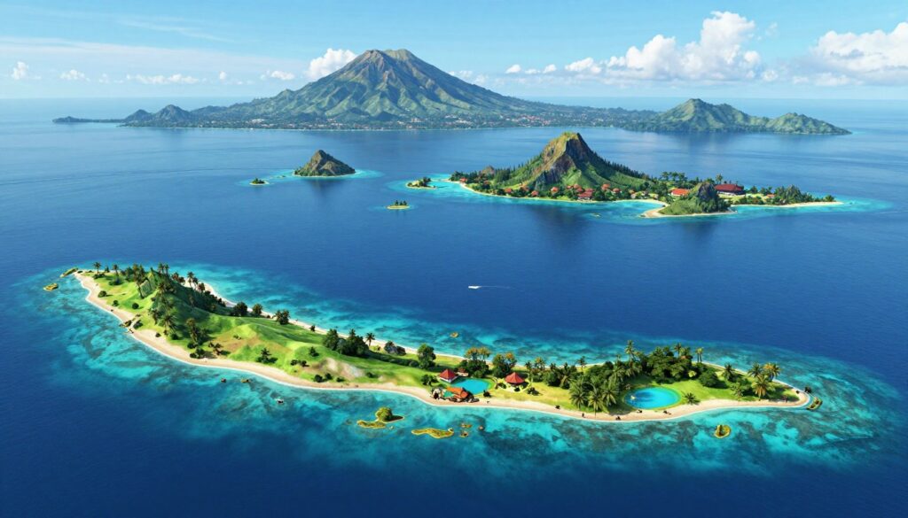 A detailed map showing the geographical position of Bali within the Lesser Sunda Islands, highlighting its location in relation to nearby islands such as Lombok and Sumbawa. The foreground features a colorful, clear depiction of Bali with its well-known western coast and mountains. The middle ground fades into smaller islands with clear water bodies separating them, showcasing the lush greenery and unique landscapes. The background includes a soft blue ocean blending into a clear sky, with gentle clouds. The lighting is bright and sunny, giving a vibrant atmosphere that conveys the tropical essence of the region. The image should be created from a slightly elevated angle to provide an expansive view of the archipelago. No text, captions, or watermarks are included.