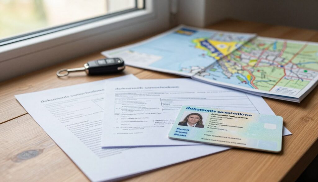 A detailed scene depicting essential automobile documents for traveling to Bosnia, specifically focusing on the “dokumenty samochodowe” in a contemporary setting. In the foreground, a set of documents laid out on a wooden table, including vehicle registration, proof of insurance, and international driving permit, neatly organized. In the middle ground, a car key and a map of Bosnia, with notable landmarks lightly visible, to emphasize the travel aspect. The background features a partially open window, allowing natural light to cast soft shadows, creating a warm, inviting atmosphere. The scene evokes a sense of preparation and adventure, perfect for road trip planning, shot with a 50mm lens to ensure clarity and depth.