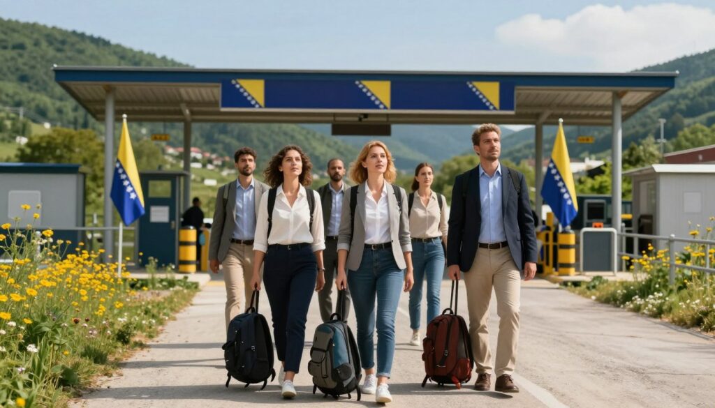 A diverse group of travelers, two women and one man, standing at the entrance of a picturesque border crossing into Bosnia and Herzegovina. They are dressed in professional business attire, with backpacks at their feet, displaying a sense of excitement and curiosity. In the foreground, focus on the travelers, illuminated by warm sunlight, their expressions reflecting anticipation. The middle ground features the border checkpoint, adorned with flags of Bosnia and Herzegovina, surrounded by lush green hills and vibrant wildflowers. The background showcases a clear blue sky, adding to the inviting atmosphere. The entire scene conveys a mood of adventure and the joy of exploring new cultures, emphasizing the ease of entry without a visa.