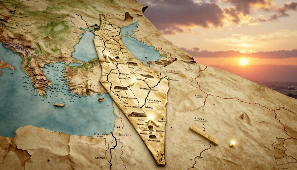 A historical map of modern-day Israel, showcasing its territory evolution. In the foreground, depict ancient symbols and landmarks representing different eras, like the Western Wall and archaeological sites, each with a subtle glow. The middle layer should include a detailed map illustrating borders over the centuries, emphasizing key regions such as Jerusalem and the Galilee. Add a textured, aged parchment effect to the map, enhancing the feeling of history. In the background, integrate a dramatic sunset sky to create a warm, reflective atmosphere, casting soft light over the scene. Use a perspective that evokes a sense of journey through time, and ensure the overall composition is harmonious and visually engaging.