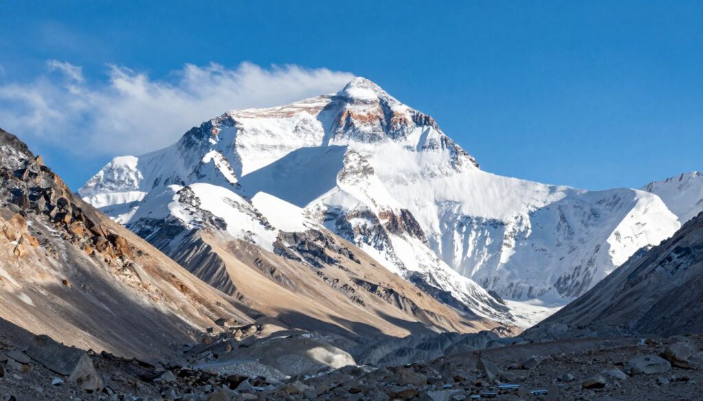 A majestic view of Mount Everest, capturing its towering height against a clear blue sky. In the foreground, rugged glacial rocks and patches of snow contrast with the light brown hues of the surrounding landscape, suggesting the height of the peak. The middle ground showcases the magnificent ascent of Everest, its snow-covered summit gleaming in the sunlight, surrounded by other majestic Himalayan peaks that recede into the distance. Soft wisps of clouds drift gently around the summit, adding a sense of serenity. The lighting is bright and crisp, creating a vivid, uplifting atmosphere. The camera angle is slightly low, emphasizing the immense height of the mountain, inviting awe and respect for Earth's highest point.