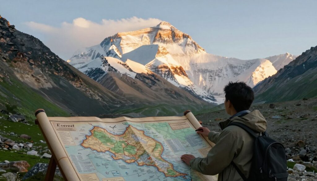 A majestic view of Mount Everest, towering in the background with its snow-capped peak glistening under the soft light of dawn. In the foreground, a traditional map featuring ancient geographical annotations, illustrating the etymology of the name 'Everest' with magnified sections that highlight its origins. A thoughtful figure, dressed in modest outdoor attire, studies the map, embodying curiosity and respect for nature and history. The middle ground should display lush green slopes and rocky terrains leading up to the mountain, while wispy clouds hover around the peak, creating a serene atmosphere. Capture the scene with a wide-angle lens to emphasize the grandeur of Everest and the intricate details of the map, bathed in the warm golden hues of early morning light, inviting viewers into a journey of discovery about the mountain's name.