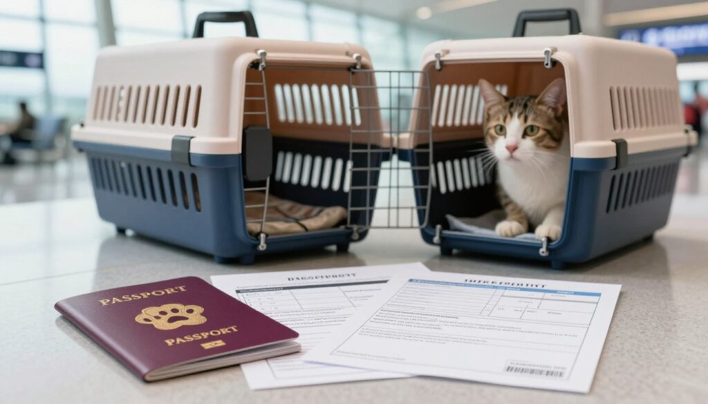 A neatly organized travel document scene featuring essential paperwork for traveling with a pet. In the foreground, a folded pet passport with a cute dog paw print on the cover, next to vaccination records and health certificates. The middle ground should depict a colorful, well-traveled pet carrier, slightly open with a curious cat peeking out, hinting at adventure. In the background, a blurred airport terminal evokes a sense of travel, with soft natural lighting illuminating the scene through large windows. The atmosphere is informative yet cheerful, combining a sense of preparation and excitement for a journey with a beloved pet. The composition should encourage clarity and focus on the documentation while hinting at the adventure ahead.