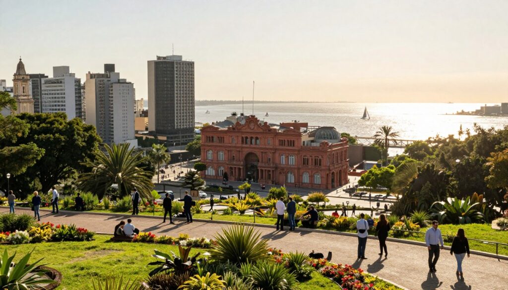 A panoramic view of Buenos Aires, Argentina, featuring the bustling urban landscape along the banks of the wide Río de la Plata. In the foreground, a vibrant city park with lush greenery and flowering plants, where people dressed in professional business attire and modest casual clothing are enjoying the sunny day. In the middle ground, the iconic skyline of Buenos Aires showcases prominent landmarks such as the elegant Teatro Colón and the ornate Casa Rosada. The background reveals the expansive river glimmering under golden sunlight, with sailboats dotting the water. Capture the scene during late afternoon, with warm, soft lighting and a slight lens flare to create a lively and inviting atmosphere, reflecting the essence of Argentina's capital city. A panoramic view of Buenos Aires, Argentina, featuring the bustling urban landscape along the banks of the wide Río de la Plata. In the foreground, a vibrant city park with lush greenery and flowering plants, where people dressed in professional business attire and modest casual clothing are enjoying the sunny day. In the middle ground, the iconic skyline of Buenos Aires showcases prominent landmarks such as the elegant Teatro Colón and the ornate Casa Rosada. The background reveals the expansive river glimmering under golden sunlight, with sailboats dotting the water. Capture the scene during late afternoon, with warm, soft lighting and a slight lens flare to create a lively and inviting atmosphere, reflecting the essence of Argentina's capital city.