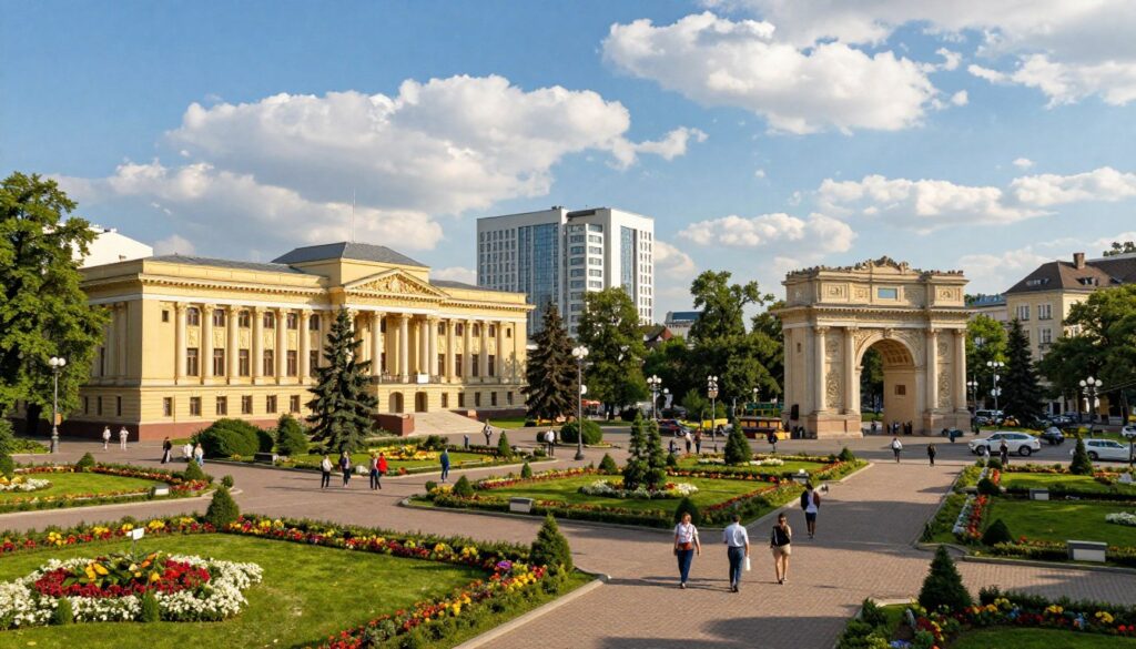 A panoramic view of Chișinău, the capital of Moldova, showcasing its unique blend of modern and historical architecture. In the foreground, beautiful manicured gardens filled with colorful flowers and walking paths. The middle ground features iconic structures such as the ornate National Museum of History and the arching Triumphal Arch, surrounded by vibrant greenery. In the background, the skyline includes contemporary buildings against a bright blue sky, with soft, fluffy clouds casting gentle shadows. The scene is illuminated by warm, natural sunlight, creating a welcoming atmosphere. The perspective is slightly elevated to provide a sweeping view, capturing the lively essence of this bustling city, with people in business attire engaged in daily activities.