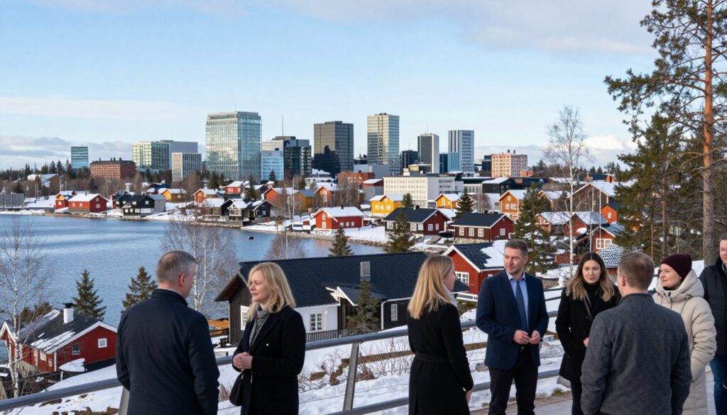 A panoramic view of Finland showcasing its unique blend of nature and architecture, featuring a picturesque landscape with serene lakes, lush forests, and traditional wooden houses. In the foreground, a diverse group of people dressed in business attire and casual winter clothing engage in friendly conversation, representing the friendly and open nature of Finnish citizens. The middle ground includes iconic Finnish elements, such as a modern city skyline with glass buildings juxtaposed against rustic structures, highlighting the harmonious balance between tradition and modernity. The background displays a stunning winter scene, with snow-covered trees under a bright blue sky, evoking a sense of peace and tranquility. The lighting is soft and natural, creating a warm and inviting atmosphere, with a slightly elevated angle capturing the scenic beauty.