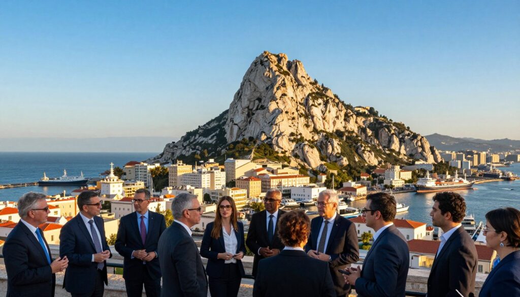 A panoramic view of Gibraltar, focusing on the iconic Rock of Gibraltar rising majestically against a clear blue sky. In the foreground, a diverse group of people in professional attire, engaged in discussion, symbolizing cooperation and strategic importance. The middle ground features the bustling harbor with ships and boats, illustrating its key maritime location. In the background, the Mediterranean Sea seamlessly blends into the horizon, with the sun casting a warm, golden light over the scene, enhancing the dramatic cliffs. The angle captures both the grandeur of the rock and the vibrant life around it, evoking a sense of wonder and significance. The mood is optimistic, highlighting the unique geographical importance of Gibraltar.
