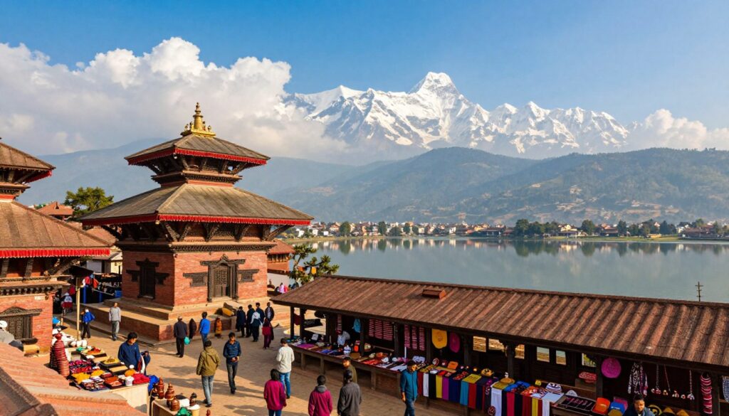 A panoramic view of Kathmandu and Pokhara, showcasing the vibrant culture and stunning landscapes of Nepal. In the foreground, a bustling street market in Kathmandu with colorful stalls selling handicrafts, spices, and traditional clothing, crowded with locals in modest casual attire. The middle ground features the iconic Pashupatinath Temple, with its intricate architecture and serene atmosphere, alongside the picturesque Fewa Lake in Pokhara, reflecting the majestic Annapurna range in the background. The backdrop reveals towering Himalayan peaks under a bright blue sky with fluffy white clouds, bathed in warm sunlight. The scene conveys a sense of adventure and cultural richness, inviting viewers to explore these remarkable destinations. A panoramic view of Kathmandu and Pokhara, showcasing the vibrant culture and stunning landscapes of Nepal. In the foreground, a bustling street market in Kathmandu with colorful stalls selling handicrafts, spices, and traditional clothing, crowded with locals in modest casual attire. The middle ground features the iconic Pashupatinath Temple, with its intricate architecture and serene atmosphere, alongside the picturesque Fewa Lake in Pokhara, reflecting the majestic Annapurna range in the background. The backdrop reveals towering Himalayan peaks under a bright blue sky with fluffy white clouds, bathed in warm sunlight. The scene conveys a sense of adventure and cultural richness, inviting viewers to explore these remarkable destinations.