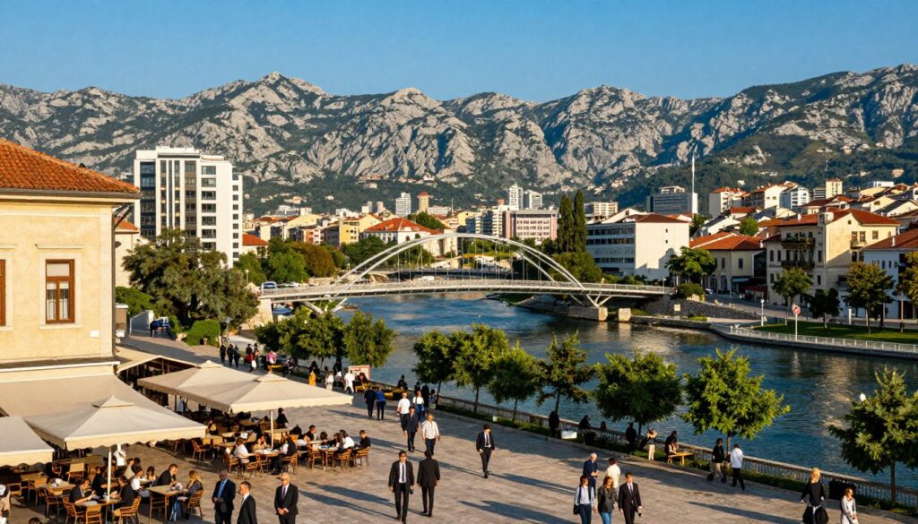 A panoramic view of Podgorica, the capital of Montenegro, showcasing its blend of modern and historical architecture. In the foreground, a bustling square filled with people in professional attire, enjoying outdoor cafés and shops. The middle ground features the iconic Millennium Bridge spanning the Moraca River, with lush greenery on either side. In the background, the jagged mountains surrounding the city create a dramatic skyline under a clear blue sky. The lighting is warm, capturing the essence of a sunny day, with shadows cast by the vibrant buildings and trees. The overall atmosphere is lively and inviting, reflecting the charm and spirit of this Balkan city.