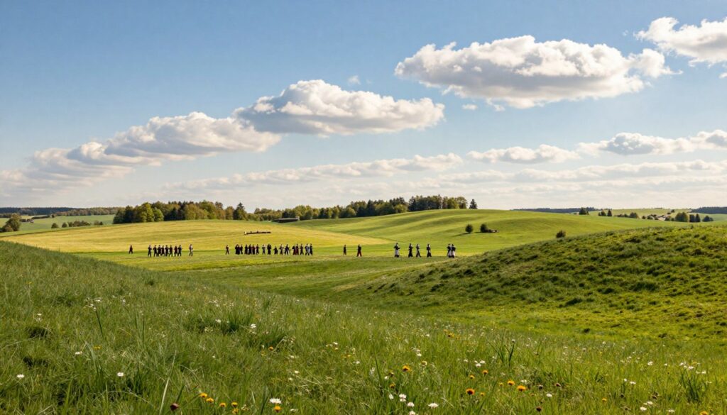 A panoramic view of the Garb Lubawski, showcasing the scenic landscape of the Grunwald Fields. In the foreground, rolling green hills and meadows dotted with wildflowers, reflecting a vibrant springtime atmosphere. The middle ground features a historical depiction of medieval soldiers in armor engaged in practice or celebration, dressed in modest colors. The background reveals a clear blue sky with fluffy white clouds, illuminated by warm sunlight casting gentle shadows across the terrain. The scene captures the essence of serenity and history, conveying the significance of this legendary battleground. Shot with a wide-angle lens to give a vast impression of the expansive landscape, evoking a peaceful yet historically rich mood. The image is free of any text or overlays.