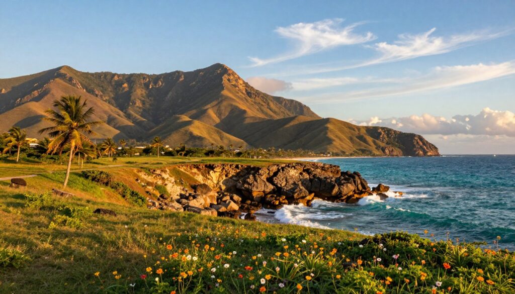 A panoramic view of the southern landscapes of Mexico, featuring expansive plains and rugged peninsulas. In the foreground, a lush green plain dotted with vibrant wildflowers, while a dramatic, rocky peninsula juts into the turquoise waves of the ocean. The middle ground showcases rolling hills beneath a clear blue sky with wispy clouds. Tropical palms sway gently in the warm sunlight, enhancing the serene atmosphere. In the background, majestic mountains rise, casting long shadows, with sunlight illuminating their peaks in a golden hue at sunset. The scene captures the essence of Mexico's diverse geography, evoking a sense of tranquility and natural beauty. Use a wide-angle lens to emphasize the vastness, ensuring the lighting highlights the vivid colors and textures of the landscape.