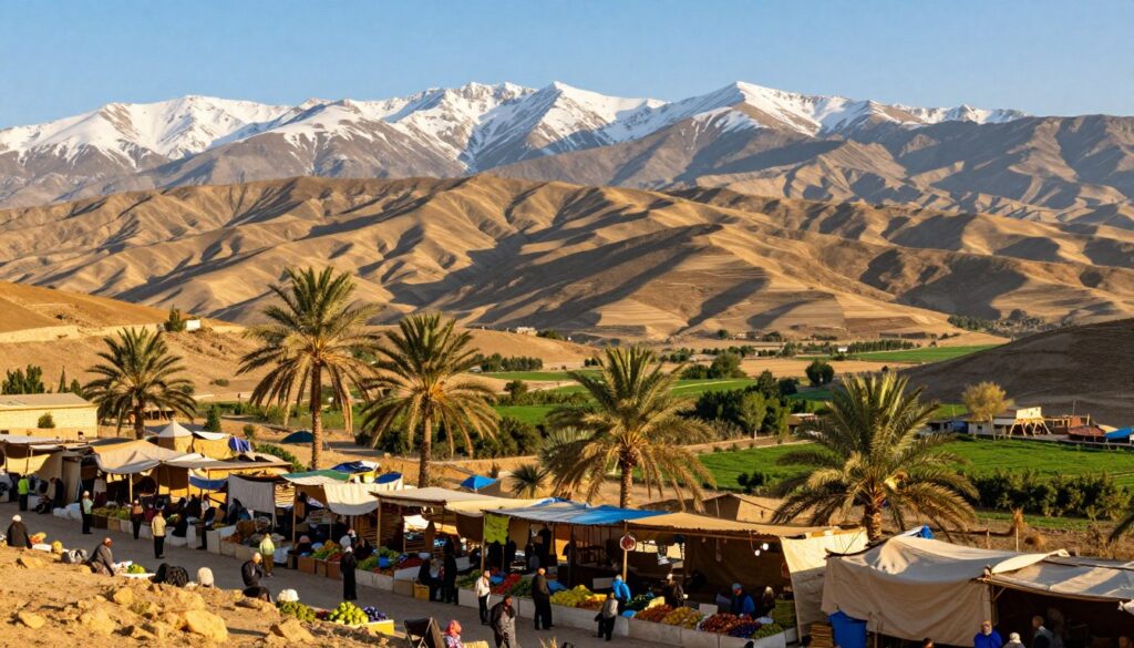 A panoramic view showcasing the diverse climate of Syria, featuring three distinct regions. In the foreground, a bustling Syrian market under a bright, sunny sky, capturing the dry, arid conditions typical of the eastern areas. Vendors display fresh produce amidst palm trees, highlighting the warmth of the climate. In the middle ground, rolling foothills transition into fertile valleys, with patches of green vegetation illustrating areas with milder weather. The background reveals snow-capped mountains, representing the cooler climate of the northern regions. The lighting is warm and golden, evoking a late afternoon sun. Capture a harmonious blend of these landscapes, reflecting the rich climatic diversity of Syria. No text, watermarks, or any overlays.