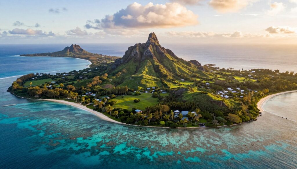 A picturesque aerial view of Mauritius, showcasing its diverse islands and territories. In the foreground, vibrant coral reefs and clear turquoise waters, teeming with marine life. The middle ground features the lush green landscapes of the main island, with dramatic volcanic mountains rising majestically, dotted with local flora. The background reveals distant islands like Rodrigues and Agalega, their white sandy beaches contrasting against the bright blue ocean. The image captures the golden light of sunset, casting a warm glow over the scene and creating a tranquil, inviting atmosphere. The lens should simulate a wide-angle view, bringing depth and clarity, emphasizing the unique geography of this stunning archipelago.