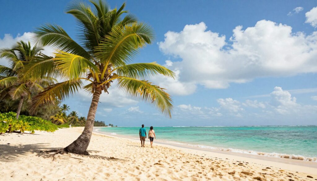 A picturesque beach scene on Zanzibar, showcasing its tropical beauty under bright blue skies with fluffy white clouds. In the foreground, a vibrant palm tree sways gently in the breeze, its fronds casting delicate shadows on the golden sand. In the middle ground, a couple dressed in modest casual clothing strolls along the shoreline, their footprints trailing behind them. The background features lush green vegetation and the sparkling turquoise ocean gently lapping at the shore. The sun casts a warm, inviting glow over the scene, creating a serene and idyllic atmosphere that emphasizes the ideal weather and best time for travel to Zanzibar. The image should be captured from a lower angle to enhance the scenic view, with natural lighting highlighting the vivid colors.