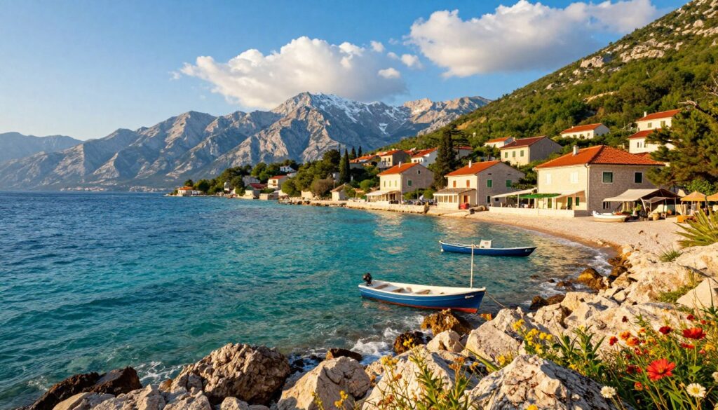 A picturesque coastal view of Slovenia along the Adriatic Sea, featuring vibrant turquoise waters gently lapping against rocky shorelines. In the foreground, wildflowers bloom amidst the rugged terrain, with a few fishermen's boats anchored nearby. The middle ground showcases charming Mediterranean-style buildings with terracotta roofs, nestled against lush green hills that rise dramatically from the shore. In the background, the majestic Julian Alps can be seen, their peaks capped with snow, contrasting beautifully with the bright blue sky dotted with fluffy white clouds. The scene is illuminated by the warm, golden light of a late afternoon sun, casting soft shadows and creating a tranquil yet vibrant atmosphere, perfect for visitors seeking the beauty of Slovenia's Adriatic coastline.