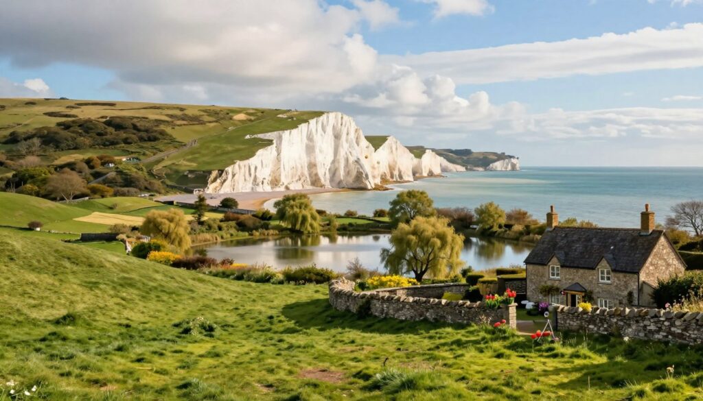 A picturesque landscape of England showcasing its diverse climate and geography. In the foreground, lush green hills gently roll under a partly cloudy sky, casting soft shadows. A quaint English cottage with a stone wall and vibrant flowers adds a charming touch. In the middle ground, a serene lake reflects the sky, surrounded by willows and wildflowers, representing the region's unique flora. In the background, the iconic white cliffs of Dover rise majestically against a bright blue sea, illustrating England's coastline. The scene is bathed in warm, natural sunlight with a soft focus effect, creating a tranquil and inviting atmosphere. Capture the essence of England's mild climate and scenic geography with a harmonious balance of elements.