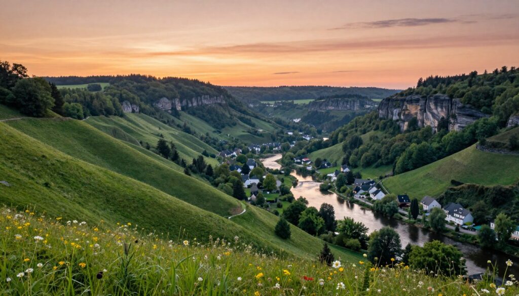 A picturesque landscape of Luxembourg showcasing its diverse terrain and natural beauty. In the foreground, lush green hills dotted with wildflowers create a vibrant, inviting scene. The middle ground features gentle valleys and a winding river reflecting the soft afternoon light, with a quaint village nestled among trees. In the background, the iconic rocky cliffs and dense forests provide a sense of depth and majesty. The sky is painted in warm hues of orange and pink, suggesting a tranquil sunset. An atmospheric, serene mood envelops the scene, inviting viewers to explore Luxembourg's rich natural setting. High-resolution, captured with a wide-angle lens to emphasize the expansive beauty of the landscape. No people or distractions in the image, focusing solely on the breathtaking scenery.