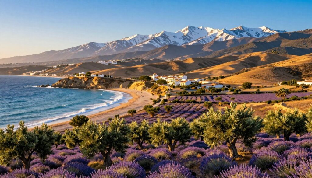 A picturesque landscape of Spain showcasing its diverse climate. In the foreground, vibrant Mediterranean vegetation with olive trees and lavender fields under a clear blue sky. In the middle, evidence of varying climate regions: a sun-drenched coastline with gentle waves lapping the shore, contrasted by a dry, arid section with rolling hills. In the background, majestic snow-capped mountains representing the cooler northern regions. The lighting is warm and inviting, capturing the golden hour just before sunset, casting soft shadows. The atmosphere is serene and vibrant, encapsulating the beauty of Spain’s unique weather patterns, from sunny beaches to cooler inland areas. The image should be rich in color, revealing a harmonious blend of natural elements without any people or text distractions. A picturesque landscape of Spain showcasing its diverse climate. In the foreground, vibrant Mediterranean vegetation with olive trees and lavender fields under a clear blue sky. In the middle, evidence of varying climate regions: a sun-drenched coastline with gentle waves lapping the shore, contrasted by a dry, arid section with rolling hills. In the background, majestic snow-capped mountains representing the cooler northern regions. The lighting is warm and inviting, capturing the golden hour just before sunset, casting soft shadows. The atmosphere is serene and vibrant, encapsulating the beauty of Spain’s unique weather patterns, from sunny beaches to cooler inland areas. The image should be rich in color, revealing a harmonious blend of natural elements without any people or text distractions.