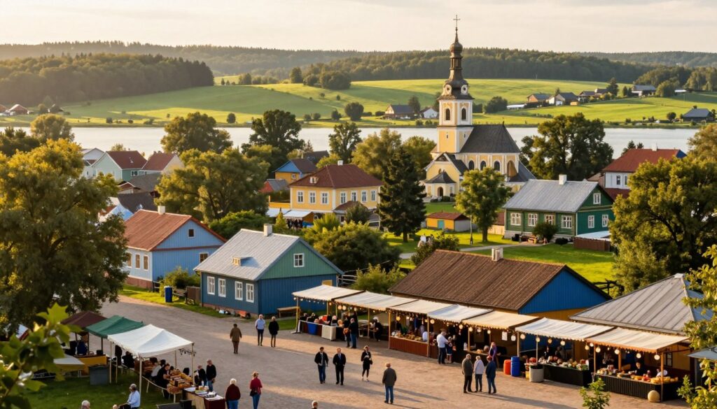 A picturesque landscape showcasing the key cities and towns of the Kashubian region in Poland. In the foreground, feature a vibrant market square with modestly dressed local people interacting. In the middle ground, illustrate traditional Kashubian architecture, including colorful wooden houses and a charming church, surrounded by lush green fields and serene lakes. The background should reveal gentle hills and forests, with a soft, golden sunlight filtering through the trees, creating a warm and inviting atmosphere. Use a wide-angle lens perspective to capture the essence of this historic region. Evoke a sense of tranquility and cultural richness, emphasizing the unique charm of Kashubia.