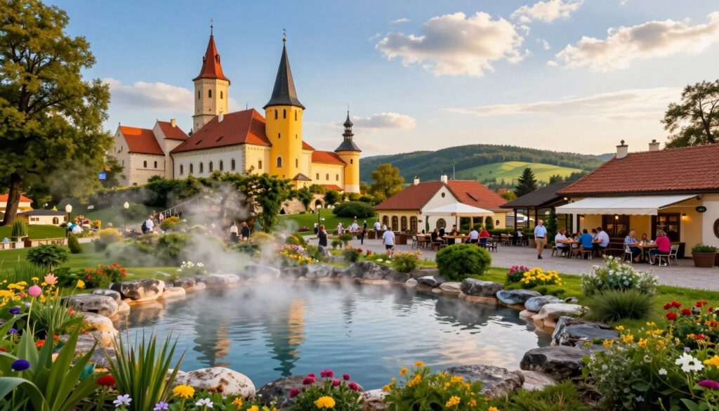 A picturesque landscape showcasing the tourist attractions around Uniejów, Poland. In the foreground, a serene natural thermal spring with gentle steam rising, surrounded by lush greenery and colorful flowers. In the middle ground, a vibrant castle-like structure, reminiscent of medieval architecture, represents local history, alongside charming cafes and small shops with people enjoying leisurely activities, wearing casual attire. In the background, rolling hills stretch into the distance under a clear blue sky with soft, fluffy clouds, hinting at outdoor adventure opportunities like hiking and cycling. The lighting is warm and inviting, typical of a sunny day, creating a cheerful and engaging atmosphere for tourists exploring the area. The image has a wide-angle perspective to capture the beauty and essence of Uniejów’s attractions.