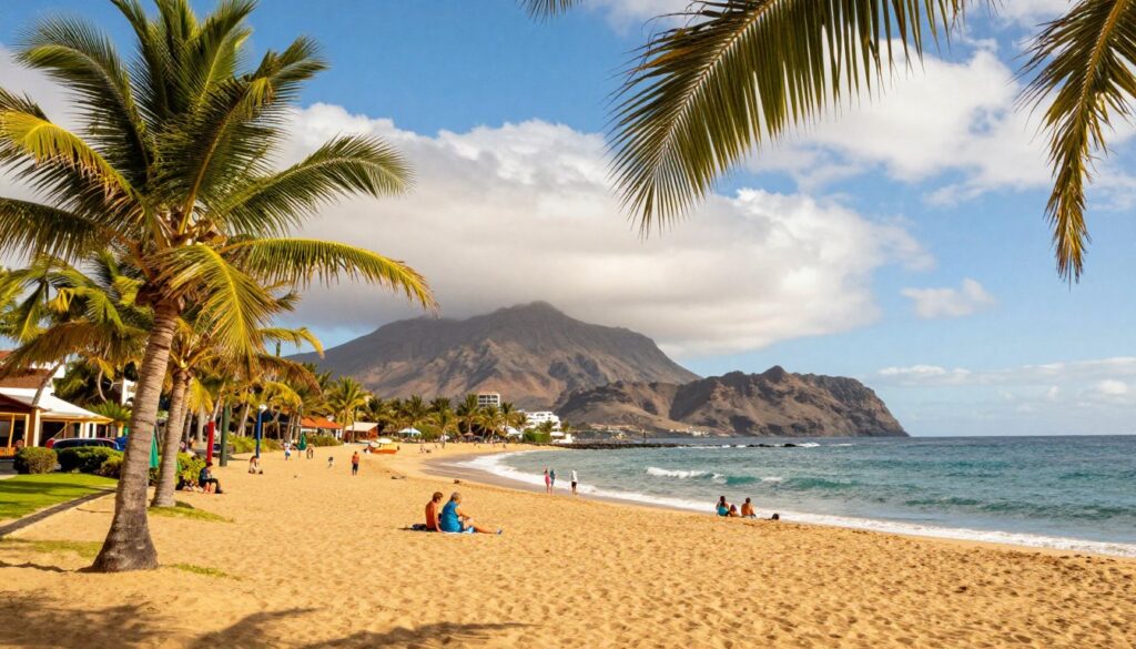 A picturesque scene capturing the mild and inviting climate of the Canary Islands. In the foreground, lush palm trees sway gently in the warm breeze, their leaves glistening under the sunlight. The middle ground features a stunning coastline with golden sandy beaches, bathed in bright sunlight, where a few travelers enjoy the sun, dressed in casual summer attire. The background reveals the rugged volcanic mountains of the islands, partly shrouded in soft, fluffy clouds. The sky is a brilliant blue, dotted with white clouds, creating a serene and inviting atmosphere. The sunlight casts warm, golden hues, enhancing the tropical vibe. The overall mood is peaceful and vibrant, reflecting the best time to visit the islands, perfect for travelers seeking warmth and relaxation. A picturesque scene capturing the mild and inviting climate of the Canary Islands. In the foreground, lush palm trees sway gently in the warm breeze, their leaves glistening under the sunlight. The middle ground features a stunning coastline with golden sandy beaches, bathed in bright sunlight, where a few travelers enjoy the sun, dressed in casual summer attire. The background reveals the rugged volcanic mountains of the islands, partly shrouded in soft, fluffy clouds. The sky is a brilliant blue, dotted with white clouds, creating a serene and inviting atmosphere. The sunlight casts warm, golden hues, enhancing the tropical vibe. The overall mood is peaceful and vibrant, reflecting the best time to visit the islands, perfect for travelers seeking warmth and relaxation.