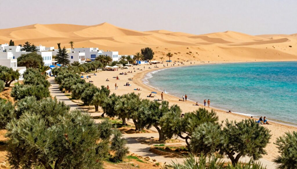 A picturesque scene depicting the climate of Tunisia throughout the year. In the foreground, a vibrant Mediterranean landscape showcases lush olive groves and picturesque coastal paths lined with whitewashed buildings. The middle ground features a sandy beach with clear turquoise waters, inviting sunbathers and travelers in modest casual clothing enjoying the sunny day. In the background, the Sahara Desert looms, its golden dunes contrasting with the vibrant greenery. Soft, warm lighting bathes the scene, suggesting a sunny day in spring or autumn, the ideal travel times for visitors. The atmosphere is tranquil and inviting, emphasizing Tunisia's unique climate and beauty. The image captures the essence of a perfect getaway, free from any distractions or annotations.