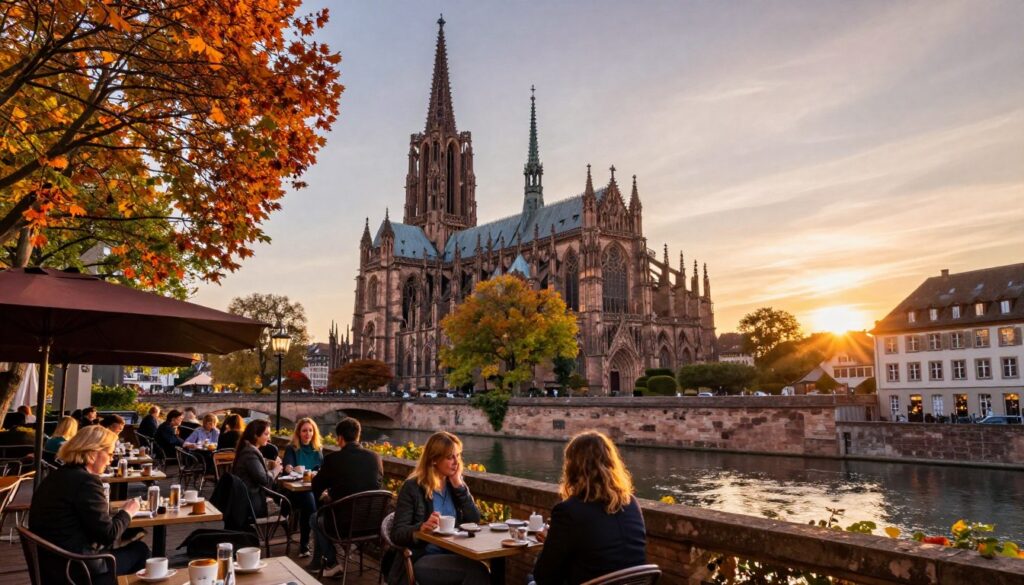 A picturesque scene of Strasbourg during the golden hour, capturing the essence of the city in early autumn. In the foreground, a cozy café terrace with elegantly dressed patrons enjoying coffee, surrounded by vibrant fall foliage. The middle ground features the iconic Strasbourg Cathedral, its intricate Gothic architecture beautifully illuminated by the warm evening light. In the background, the serene canals reflect the colors of the sunset, creating a tranquil atmosphere. Soft shadows enhance the scene's depth, while a slight lens flare adds a dreamy quality. The overall mood is inviting and peaceful, reflecting the ideal time to visit Strasbourg.