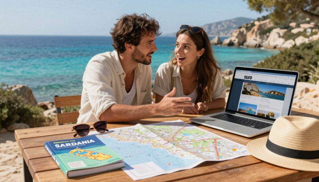 A picturesque scene representing vacation planning in Sardinia. In the foreground, a stylish wooden table is adorned with a travel guidebook about Sardinia, a beautifully designed map spread open, and a laptop displaying travel websites. A pair of sunglasses and a stylish sun hat add a personal touch. In the middle ground, a couple dressed in casual but neat vacation attire discusses their plans, with expressions of excitement on their faces. In the background, the stunning coastline of Sardinia is visible, featuring crystal-clear turquoise waters and rugged cliffs, under a bright, sunny sky. The scene is illuminated with warm, natural light, creating an inviting and cheerful atmosphere, suggesting the perfect getaway.