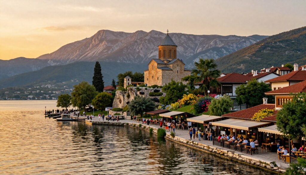 A picturesque scene showcasing the attractions of North Macedonia, focusing on the vibrant town of Ohrid. In the foreground, a serene lake reflects the golden hues of a sunset, with tourists exploring the lakeside promenade and enjoying local cuisine at charming cafes. The middle ground features the iconic Church of St. John at Kaneo perched on a cliff, surrounded by lush greenery and colorful wildflowers. In the background, the towering Galicica mountains create a stunning backdrop, bathed in soft, warm light. The atmosphere is tranquil and inviting, perfect for travel enthusiasts eager to experience the beauty of North Macedonia. Capture the scene with a slightly elevated angle to highlight both the lake and the historical architecture. Use natural lighting to enhance the warm tones of the sunset.
