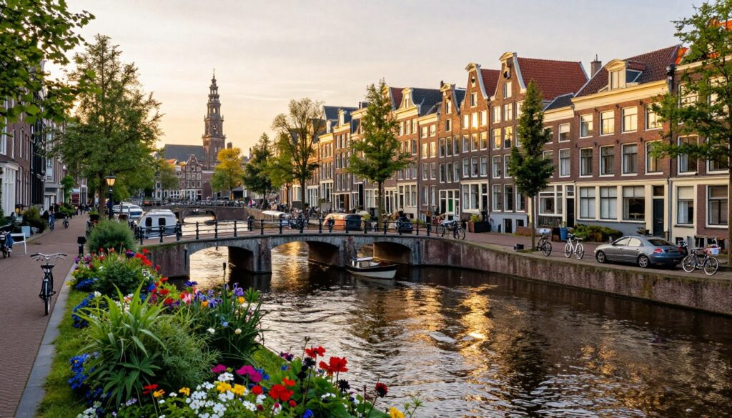 A picturesque view of Amsterdam, showcasing the beautiful Amstel River, the expansive IJ Bay, and an intricate network of charming canals. In the foreground, lush greenery and vibrant flowers line the canal banks, while classic Dutch houses with gabled roofs reflect in the shimmering water. In the middle ground, bicycles are parked casually along the cobblestone pathways, and a few boats gently glide through the canals, evoking a sense of local life. In the background, the iconic skyline of Amsterdam emerges with historic architecture and church towers piercing the sky under a soft golden hour glow. The lighting creates a warm, inviting atmosphere, with long shadows enhancing the details of the bridges and water reflections. Capture this scene from a slightly elevated angle to encompass the full beauty and layout of the city.