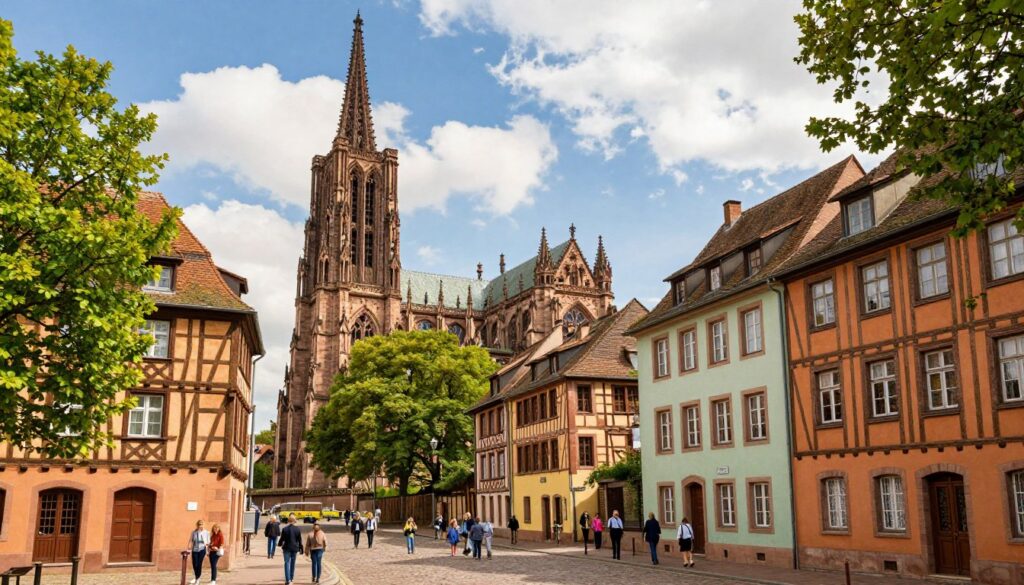 A picturesque view of Grand Île, the historic center of Strasbourg, recognized as a UNESCO World Heritage Site. Foreground features charming medieval architecture, with timber-framed buildings in warm hues of ochre and pastel colors. Add details of cobblestone streets bustling with people dressed in professional and modest casual attire, while in the middle ground, the beautiful Strasbourg Cathedral rises impressively, its intricate Gothic facade catching the sunlight. Lush green trees frame the scene, adding life and vibrancy. The background includes a clear blue sky with soft, fluffy clouds, creating a cheerful and inviting atmosphere. Use warm, natural lighting to enhance the tranquil and historic mood, captured from a slightly elevated angle to showcase the layout and character of this UNESCO landmark.