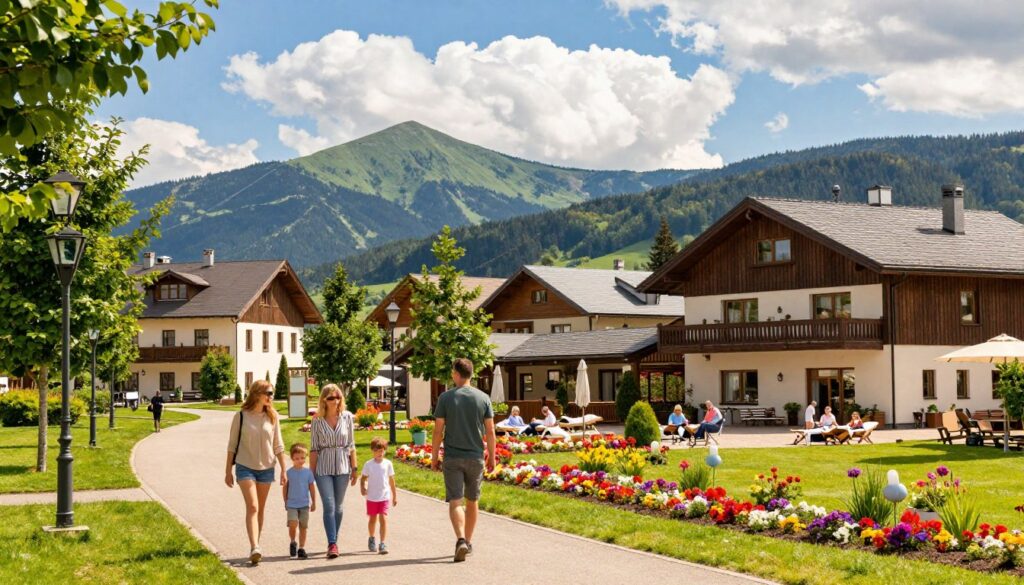 A picturesque view of Krynica-Zdrój, showcasing its charming architecture and lush mountainous surroundings. In the foreground, a family with children enjoys a leisurely stroll along a tree-lined path, dressed in modest casual attire. In the middle ground, elegant spa buildings and colorful flowerbeds reflect the wellness heritage of the area, while wellness tourists engage in relaxation activities. The background features the majestic Beskid mountains under a bright blue sky with fluffy white clouds, creating a vibrant and inviting atmosphere. The scene is bathed in warm, natural sunlight, emphasizing the idyllic and family-friendly vibe of this popular health resort in Poland. The composition is framed with a gentle focus to enhance the serene and welcoming mood.