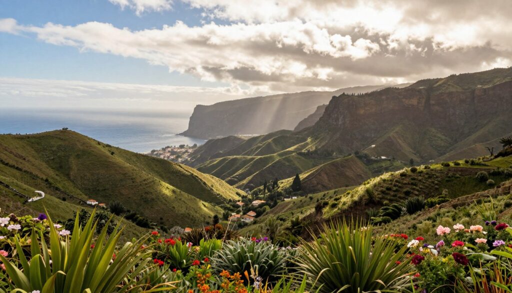 A picturesque view of Madeira showcasing its varied weather across regions. In the foreground, lush greenery and vibrant flowers typical of the subtropical climate, indicating a sunny day. The middle ground features rolling hills transitioning into dramatic cliffs, with a hint of light rain falling in the distance, capturing the island's microclimates. The background displays the Atlantic Ocean under a partly cloudy sky, with rays of sunlight breaking through the clouds. The scene is infused with a serene and warm atmosphere, inviting the viewer to appreciate the beauty and diversity of Madeira's weather. The image should be bright, with soft natural light, reminiscent of a late afternoon, shot from a slightly elevated angle to emphasize the landscapes. A picturesque view of Madeira showcasing its varied weather across regions. In the foreground, lush greenery and vibrant flowers typical of the subtropical climate, indicating a sunny day. The middle ground features rolling hills transitioning into dramatic cliffs, with a hint of light rain falling in the distance, capturing the island's microclimates. The background displays the Atlantic Ocean under a partly cloudy sky, with rays of sunlight breaking through the clouds. The scene is infused with a serene and warm atmosphere, inviting the viewer to appreciate the beauty and diversity of Madeira's weather. The image should be bright, with soft natural light, reminiscent of a late afternoon, shot from a slightly elevated angle to emphasize the landscapes.