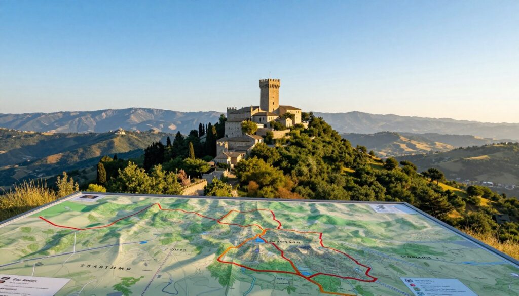 A picturesque view of San Marino, showcasing the country's defined borders and surface area. In the foreground, a detailed map of San Marino with highlighted borders, surrounded by scenic hills dotted with lush greenery. The middle ground features the iconic Guaita tower, rising majestically against a clear blue sky, symbolizing its historical significance. In the background, the rolling Apennine Mountains offer a serene backdrop, enhancing the natural beauty of the region. The lighting is warm, capturing the golden hour sun casting soft shadows, creating a welcoming atmosphere. The perspective is slightly elevated, allowing a comprehensive view of San Marino's landscape and topography, devoid of any text or annotations.