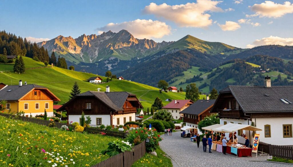 A picturesque view of the foothills of the Carpathian Mountains in Poland, showcasing charming villages and vibrant attractions. In the foreground, a quaint village with colorful wooden houses, lush gardens, and cobblestone streets. The middle ground features visitors enjoying local street markets with crafts and regional delicacies, set against lush green hills dotted with wildflowers. The background showcases the majestic peaks of the Carpathians, bathed in golden sunlight, with a clear blue sky and soft clouds. The atmosphere is warm and inviting, conveying a sense of adventure and tranquility. Use natural lighting to enhance the colors, and an angle that captures both the village and the mountains, inspiring wanderlust in the viewer. A picturesque view of the foothills of the Carpathian Mountains in Poland, showcasing charming villages and vibrant attractions. In the foreground, a quaint village with colorful wooden houses, lush gardens, and cobblestone streets. The middle ground features visitors enjoying local street markets with crafts and regional delicacies, set against lush green hills dotted with wildflowers. The background showcases the majestic peaks of the Carpathians, bathed in golden sunlight, with a clear blue sky and soft clouds. The atmosphere is warm and inviting, conveying a sense of adventure and tranquility. Use natural lighting to enhance the colors, and an angle that captures both the village and the mountains, inspiring wanderlust in the viewer.