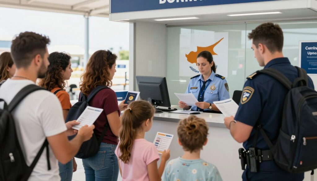 A professional border control scene at a Cypriot checkpoint, showcasing a well-organized queue of travelers presenting documents to an official in a smart uniform. In the foreground, focus on a diverse group of travelers, including a businesswoman with a passport, a family with children holding identification cards, and a solo traveler with a backpack. The middle ground features the border control officer attentively reviewing documents, with a clear, modern booth in the background displaying flags of Cyprus. Soft, natural daylight illuminates the scene, giving it a welcoming atmosphere. The composition captures a moment of anticipation and security, evoking the necessary diligence in crossing international boundaries. A professional border control scene at a Cypriot checkpoint, showcasing a well-organized queue of travelers presenting documents to an official in a smart uniform. In the foreground, focus on a diverse group of travelers, including a businesswoman with a passport, a family with children holding identification cards, and a solo traveler with a backpack. The middle ground features the border control officer attentively reviewing documents, with a clear, modern booth in the background displaying flags of Cyprus. Soft, natural daylight illuminates the scene, giving it a welcoming atmosphere. The composition captures a moment of anticipation and security, evoking the necessary diligence in crossing international boundaries.
