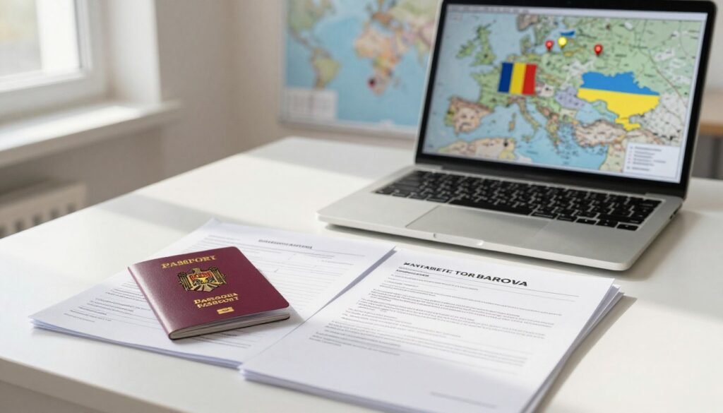 A professional setting showcasing a desk with essential travel documents and entry regulations for Moldova. In the foreground, a neatly arranged stack of papers, including a passport, visa application forms, and travel advisories. The middle ground features a laptop open to a map of Moldova, highlighting its location between Romania and Ukraine. In the background, a world map adorned with travel pins, emphasizing Moldova's geopolitical context. Soft, natural lighting streams in from a window, casting gentle shadows, creating an atmosphere of preparation and seriousness. The scene conveys a sense of important travel information, seamlessly organized and ready for a traveler contemplating their journey. No text or branding elements present.