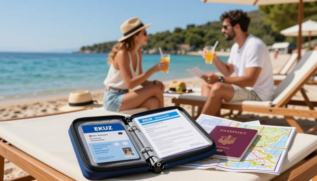 A professional travel scene set at a picturesque Croatian beach, showcasing a serene atmosphere. In the foreground, a well-organized travel document pouch laid on a sunbed, featuring an EKUZ card and a travel insurance policy document, neatly arranged alongside a passport and a map of Croatia. In the middle ground, a couple of travelers in smart casual attire are discussing their plans while sipping drinks, conveying a sense of adventure and preparedness. The background features clear blue skies, sparkling turquoise waters, and lush greenery, painted with warm sunlight, creating a vibrant and inviting mood. The scene captures the essence of travel readiness, emphasizing the importance of adequate documents for a smooth trip. A professional travel scene set at a picturesque Croatian beach, showcasing a serene atmosphere. In the foreground, a well-organized travel document pouch laid on a sunbed, featuring an EKUZ card and a travel insurance policy document, neatly arranged alongside a passport and a map of Croatia. In the middle ground, a couple of travelers in smart casual attire are discussing their plans while sipping drinks, conveying a sense of adventure and preparedness. The background features clear blue skies, sparkling turquoise waters, and lush greenery, painted with warm sunlight, creating a vibrant and inviting mood. The scene captures the essence of travel readiness, emphasizing the importance of adequate documents for a smooth trip.