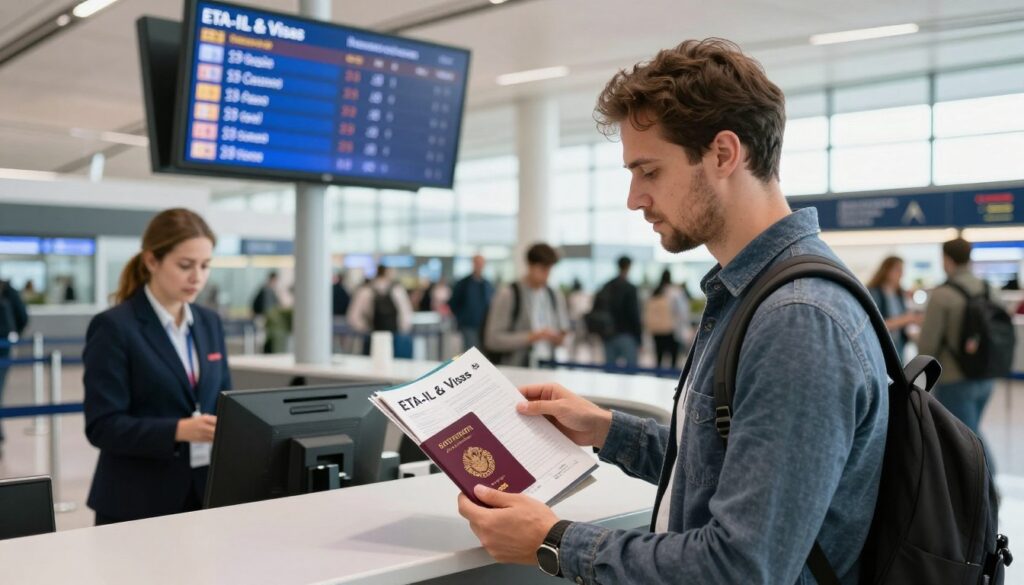 A professional traveler, dressed in smart casual clothing, stands at an airport check-in counter, examining a travel document folder labeled "ETA-IL & Visas." In the foreground, the traveler holds a Polish passport, highlighting the essence of international travel. In the middle ground, a digital display board shows flight information to Israel, with destinations and times illuminated. The background captures a busy airport atmosphere, with travelers moving about and airline staff assisting customers. Bright, natural lighting floods the scene, creating a welcoming and informative mood. The composition is shot from a slightly elevated angle to convey the scale of the airport and the excitement of travel.