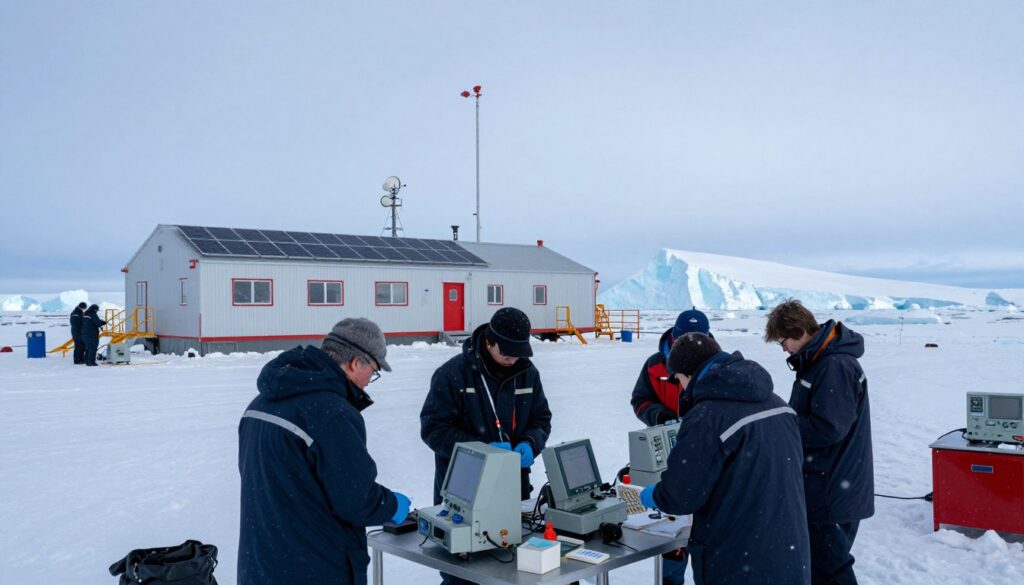 A remote Antarctic research station nestled among icy landscapes, showcasing scientists dressed in professional attire working collaboratively on scientific equipment. In the foreground, a group of researchers is engaged in data collection, surrounded by high-tech instruments and samples. The middle ground features the well-equipped station with solar panels and communication antennas, blending into the icy terrain. Snowflakes gently fall in a soft light, illuminating the scene with a cool, serene glow, conveying the harsh yet beautiful environment. In the background, towering icebergs and a vast icy expanse stretch towards a pale blue sky. The atmosphere is one of exploration and scientific endeavor, emphasizing the resilience and unity of those living and working in one of Earth’s most challenging climates.